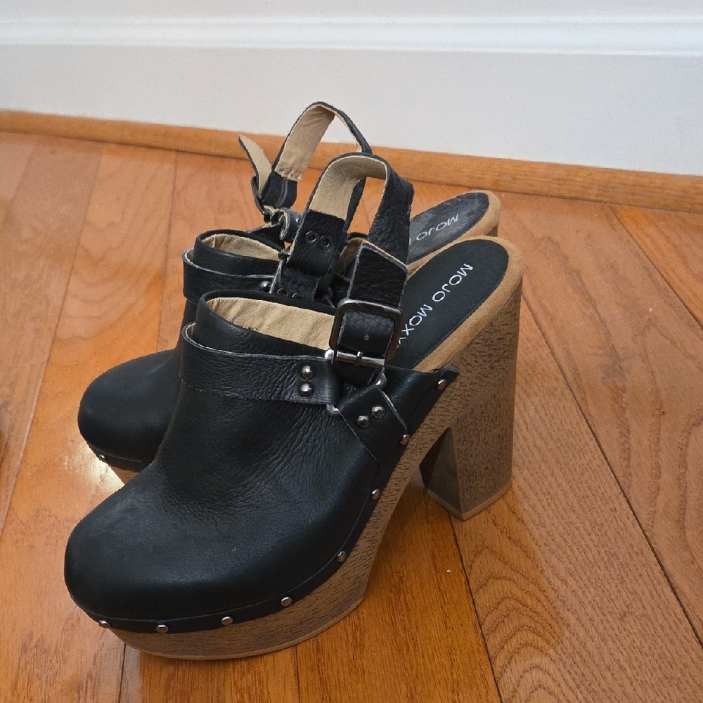 Black Leather Women's Mules with Tan Wooden Heel. High-heeled with nice platform